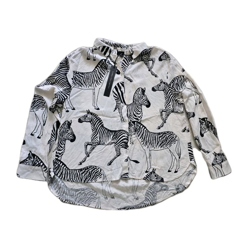 Jane Delancey Women Black White Button Front Linen Shirt Zebra Size M NWT